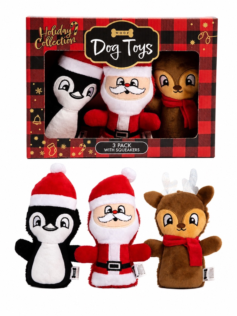 Woof Holiday Dog Toys 3-Pack | Santa Penguin Reindeer Squeaker Toys  NIB